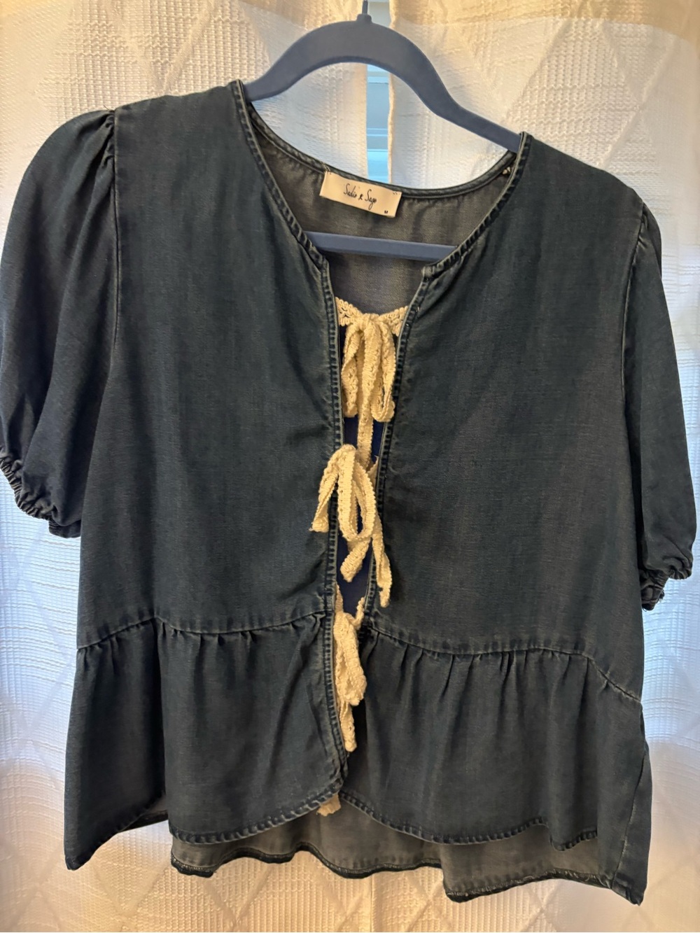 Sadie & Sage Indigo Peasant Tie-Front Blouse with Cream Ties